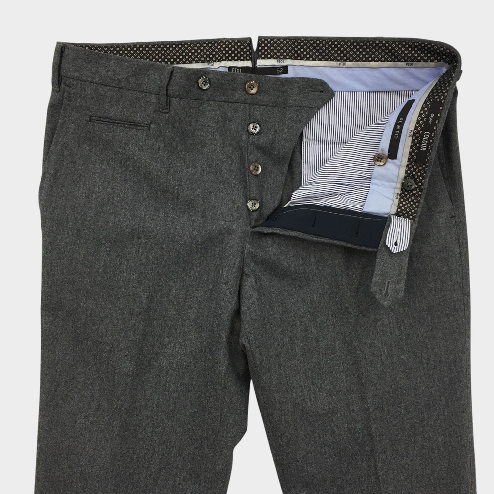 PT01 Colour Slim Fit Flannel Wool Trousers Gray Mens Size 52 IT Dress Pants